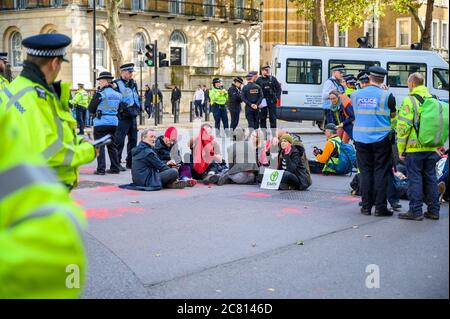 LONDRES - 18 DE OCTUBRE de 2019: Extinción Rebelión Protesters en Whitehall en una sentada en