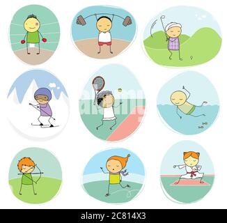 Conjunto De Ingenuo Ilustracion De Ninos Jugando Diferentes Deportes De Equipo Fotografia De Stock Alamy