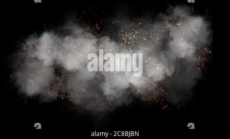Partículas de fuego efecto polvo desechos aislados sobre fondo negro, polvo de movimiento spray ráfaga. Elemento de diseño