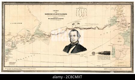 Mapa e infografía vintage que muestra la ruta del primer submarino Transatlantic Telegraph Cable a través del Océano Atlántico y un retrato de Cyrus West Field (1819-1892) de la Atlantic Telegraph Company, mapa de William J Barker, 1858 Foto de stock