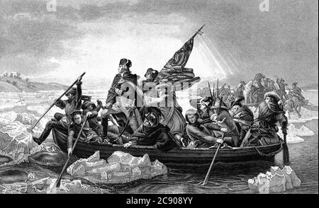 Una ilustración grabada de George Washington cruzando el río Delaware durante la Guerra Revolucionaria Americana, de un libro victoriano de 1886 que Foto de stock