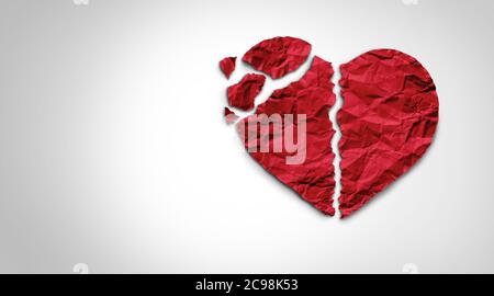 Concepto de ruptura del corazón como una separación y divorcio icono de la psicología de la relación como papel rojo arrugado en forma de símbolo de amor o médico. Foto de stock