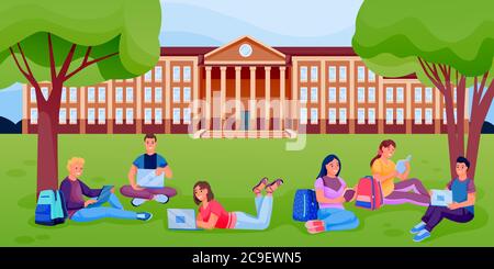 Estudiantes con libros y laptops sentados en el césped del campus universitario. Ilustración de dibujos animados planos vectoriales. Los alumnos aprenden al aire libre Ilustración del Vector