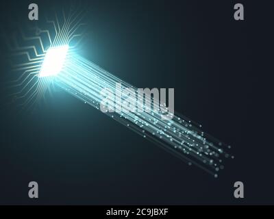 Placa de circuito con emisión de luz, ilustración. Foto de stock