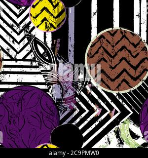 patrón abstracto de fondo geométrico, con círculos, trazos, salpicaduras y hojas, blanco y negro