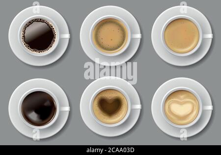 Colección de tazas de café. bebidas calientes con espuma y vapor que huele  la taza de la vista superior de la bebida con líquidos café espresso y  capuchino