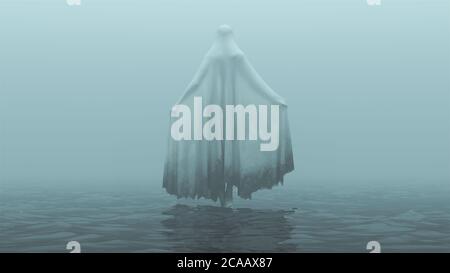 Espíritu maligno flotante con una rodilla levantada y brazos Fuera en un manto de la muerte sobre el agua en un Foggy Vista de día anterior Ilustración 3d Presentación 3d