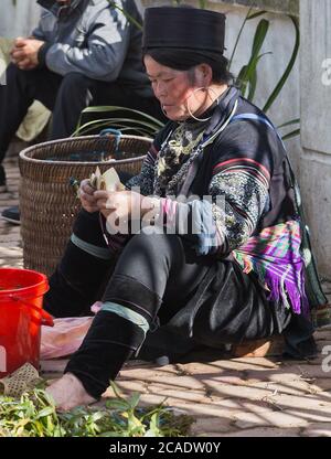 LAO CAI, VIETNAM - 21 DE NOVIEMBRE de 2014: Mujer del grupo minoritario Hmong que llevaba un hedrete tradicional cerca de Sapa, Lao Cai, Vietnam.