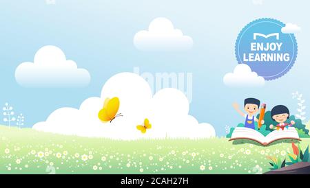 Niños leyendo y estudiando en el jardín ilustración Imagen Vector de