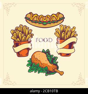 Juego de comida rápida, perro caliente, patatas fritas. Pollo hecho en dibujo de dibujos animados a mano. Ilustración vectorial Ilustración del Vector