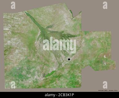 Forma del noroeste, distrito de Botswana, con su capital aislada sobre un fondo de color sólido. Imágenes por satélite. Renderizado en 3D