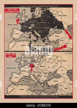 Mapas de propaganda de la Segunda Guerra Mundial de 1940 publicados en  Yank, The Army Weekly, celebrando la rendición de Alemania en mayo de 1945.  El mapa superior, 