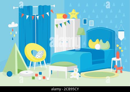  Ilustración del vector interior de la habitación para niños. Dibujos animados plano moderno vacío azul niños dormitorio en casa apartamento con cama, ventana, juguetes para juegos infantiles y cosmos muebles decoración fondo
