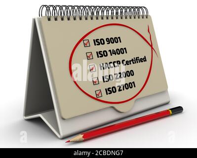 Lista de normas ISO: iso 9001; iso 14001; haccp; iso 22000; iso 27001. Lápiz rojo y una lista de verificación con marcas rojas. Ilustración 3D