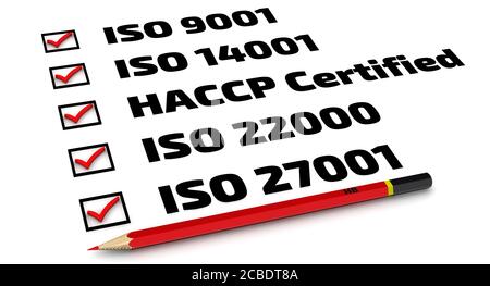 Lista de normas ISO: iso 9001; iso 14001; haccp; iso 22000; iso 27001. Lápiz rojo y una lista de verificación con marcas rojas