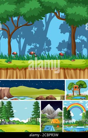Seis diferentes escenas en la naturaleza que establece dibujos animados estilo ilustración Ilustración del Vector
