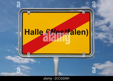 Ortstafel Halle (Westfalen), Nordrhein-Westfalen, Deutschland | Nombre del lugar signo Halle (Westfalen), Renania del Norte-Westfalia, Alemania, Europa