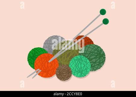 agujas de punto y hilos para tejer naranja, verde, marrón, gris y turquesa en bolas sobre un fondo claro Ilustración del Vector