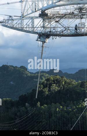 La antena de alimentación de línea de retardo está suspendida a 490 pies sobre el radio telescopio del Observatorio de Arecibo en Puerto Rico. Foto de stock