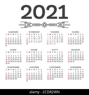 Calendario 2021 aislado sobre fondo blanco. La semana comienza el domingo. Ilustración vectorial.