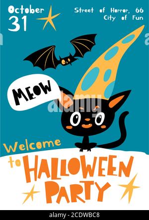 Vector Bienvenido a la fiesta de Halloween cartel en dibujos animados de estilo plano