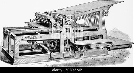 . Una breve historia de la imprenta y de las mejoras en la maquinaria de impresión desde la época de Gutenberg hasta la actualidad. ; y por Apple-Gath en 1818. Pero el dispositivo más ingenioso y práctico que está relacionado con los movimientos de una cama plana y una máquina de forprinting de cilindros fue patentado por Napier en 1828 y 1830. Hewas el primero que introdujo las pinzas, o dedos, para la conveyance de las hojas alrededor del cilindro durante la impresión, y para entregarlas después de la impresión. Las cintas o cuerdas habían sido previamente empleadas para este propósito. También fue el primero en fabricarlo Foto de stock