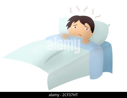  Niño en cama con fiebre y termómetro, ilustración de dibujos animados 2d aislada. Enfermedades y pandemias. Niño con virus y gripe en reposo. COVID