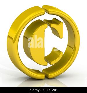 Marca de copyright. Un símbolo de derechos de autor de oro en la superficie blanca. Ilustración 3D Foto de stock