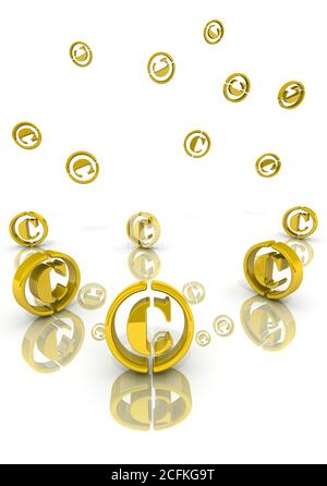 Marcas de copyright. Muchos símbolos de derechos de autor de oro caen sobre una superficie blanca. Ilustración 3D Foto de stock