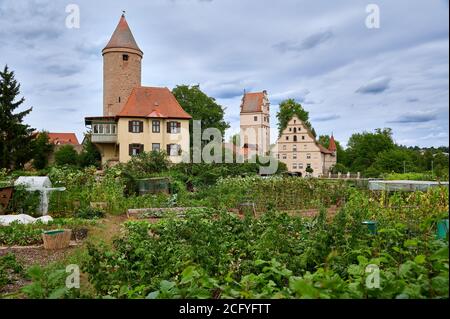 Salwarten torre y jardines en frente, Nördlinger Tor detrás, Dinkelsbuhl, Franconia Central, Baviera, Germanyon Foto de stock