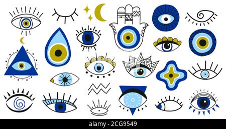 Se han establecido símbolos e iconos de ojo maligno o ojo turco. Diseño  moderno de amuletos y decoración de casa idea Imagen Vector de stock - Alamy