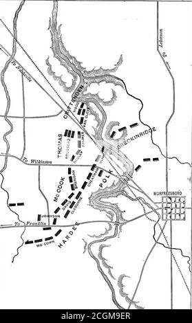 . El Valle de Mississippi en la Guerra Civil. G avanzó hacia el sur oeste. En el lado este la división de Breckincrridges fue negada con-siderablemente al noreste. Tal era la línea confederada de batalla, un arreglo absolutamente impecable y totalmente adecuado para la obra que Bragg había planeado. El ejército de la Unión fue arrastrado hacia el oeste del río en una línea algo zigzagueante, pero en su mayor parte paralela al frente de los enemas. El arreglo de nuestro ala derecha bajo McCook estiró tropas desde la carretera Franklin hasta el río Wilkin-Stone , son turnpike. Consistía en tres di-visio Foto de stock