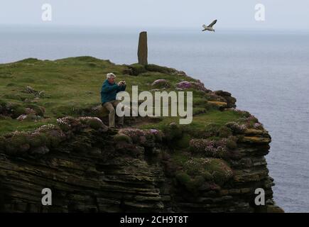 Un visitante toma fotos de aves a lo largo de las cimas de los acantilados Arriba del mar en Marwick Head en Orkney