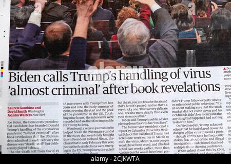 Joe 'Biden llama a Trump el manejo del virus 'casi criminal' después El periódico The Guardian de Book Revelations tiene noticias sobre el artículo político estadounidense del 10 de septiembre Londres