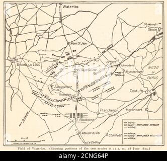 Batalla de Waterloo. Posiciones a las 11.00, 18 de junio de 1815. Bélgica 1903 mapa antiguo Foto de stock