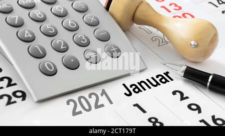 Calendario y calculadora y alemán: Enero de 2021