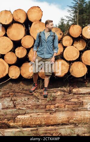 Hombre hiker mirando fuera mientras que está de pie en el tronco contra el montón de madera en el bosque Foto de stock