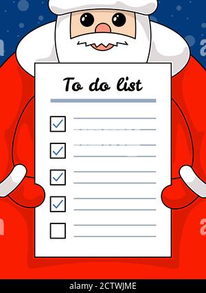  Kawaii divertido Santa Claus sosteniendo carta para hacer la lista de papel. Navidad y Feliz año Nuevo tarea y promesas plan vacío forma caricatura vector eps ilustración Imagen Vector de stock -