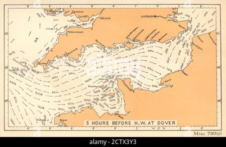 Corrientes del Canal Inglés 5 horas antes de agua alta en Dover. Mapa DEL ALMIRANTAZGO 1943 Foto de stock