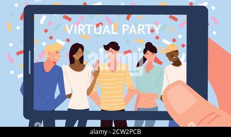  Fiesta virtual con hombres mujeres dibujos animados y confeti en el diseño de smartphones, Feliz cumpleaños y video chat tema Vector ilustración Imagen Vector de stock