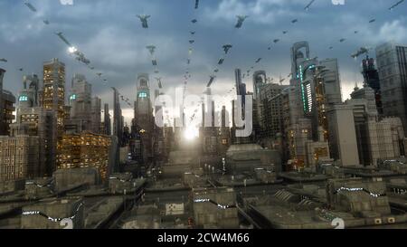 3D rendering. Ciudad futurista y naves espaciales