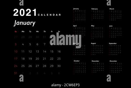Calendario 2021 año nuevo. Números blancos de días con fines de semana rojos sobre fondo negro. Plantilla de calendario para el diseño de su empresa. Vector