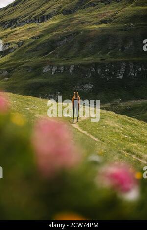Atractiva mujer sonriente turista senderismo sendero de montaña, caminar  sobre la colina cubierta de hierba, llevar mochila, usar bastones de  trekking, disfrutar de un día soleado de verano en las montañas. concepto