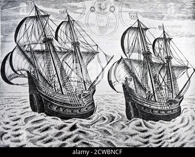 Ilustración que muestra el viaje de William Barents a China 1596. Willem Barentsz (c. 1550 - 20 de junio de 1597), anglicado como William Barents o Barentz, fue un navegante holandés, cartógrafo, y explorador. En 1596, el Ayuntamiento de Amsterdam compró y equipó dos pequeños barcos, capitaneados por Jan Rijp y Jacob van Heemskerk, para buscar el canal esquivo bajo el mando de Barentsz. Foto de stock