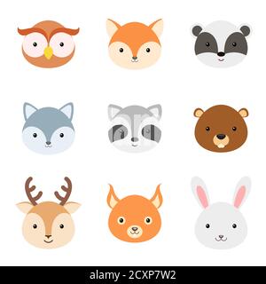 Cabezas de animales graciosas y lindas. Woodland dibujos animados animales  para el diseño de impresión de bebé, ropa para niños, celebración de la  ducha de bebé, saludo y tarjeta de invitación, w