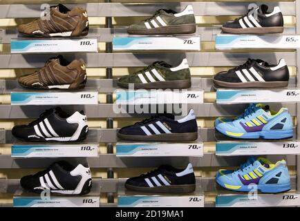 Shoes of the Adidas are pictured in a shop March 3, 2010.