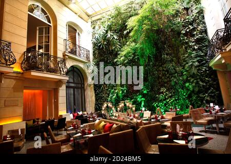 30-meter vertical garden in the courtyard of the Pershing Hall hotel in the 8th arrondissement of Paris designed by French Botanist Patrick Blanc , March 12, 2008.    REUTERS/Charles Platiau (FRANCE)