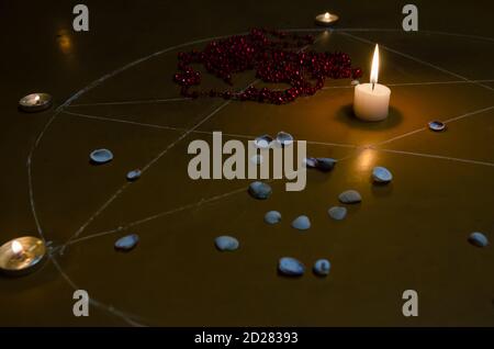 Pentagrama y símbolos del diablo con velas negras encendidas en la mesa de  madera de bruja. Fondo esotérico, gótico y oculto, concepto místico de  Halloween Fotografía de stock - Alamy