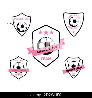 Renunciar Planeta aparato Conjunto de diseño de logotipo de fútbol para mujeres y niñas con balón en  escudo. Simple vector de fútbol etiqueta o emblema en colores rosa. Equipo  de fútbol para chicas Imagen Vector
