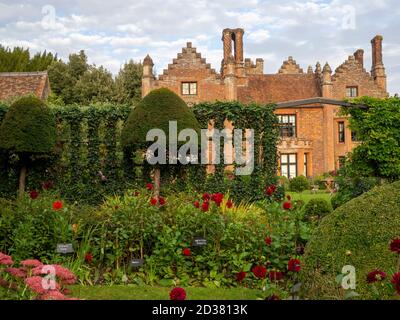 Chenies Manor House al sol con altas chimeneas Tudor; el jardín hundido, topiario, trellis de hiedra, Dahlia 'Karma Irene', 'Weston Pirate', 'Karma Choc'. Foto de stock
